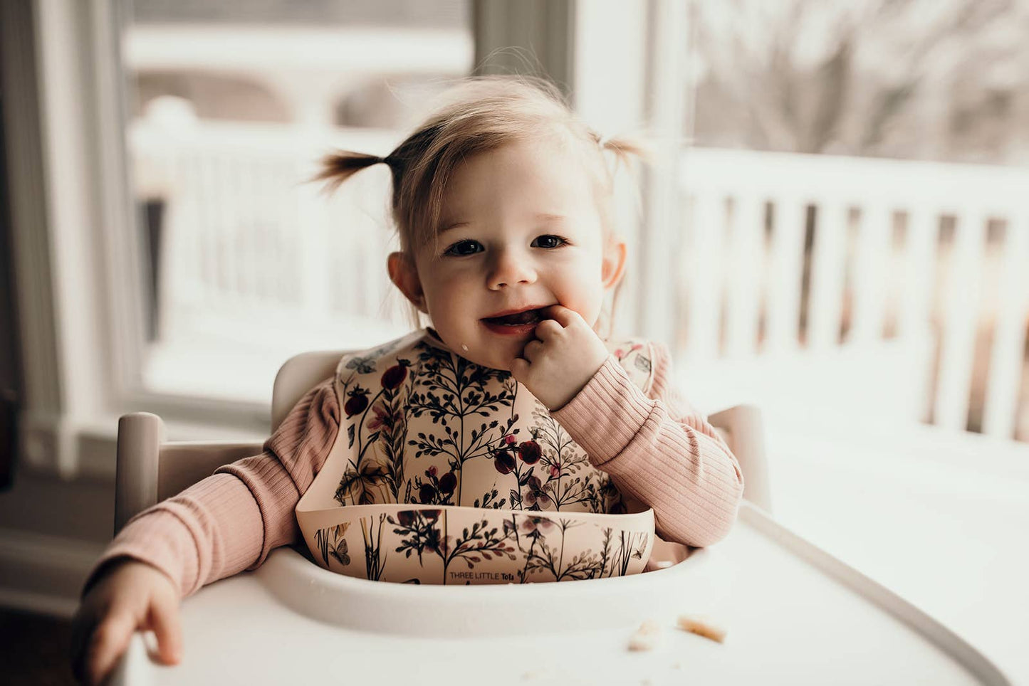 Three Little Tots -Flower Print Silicone Bib with Crumb Catcher