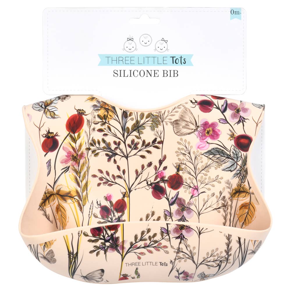 Three Little Tots -Flower Print Silicone Bib with Crumb Catcher