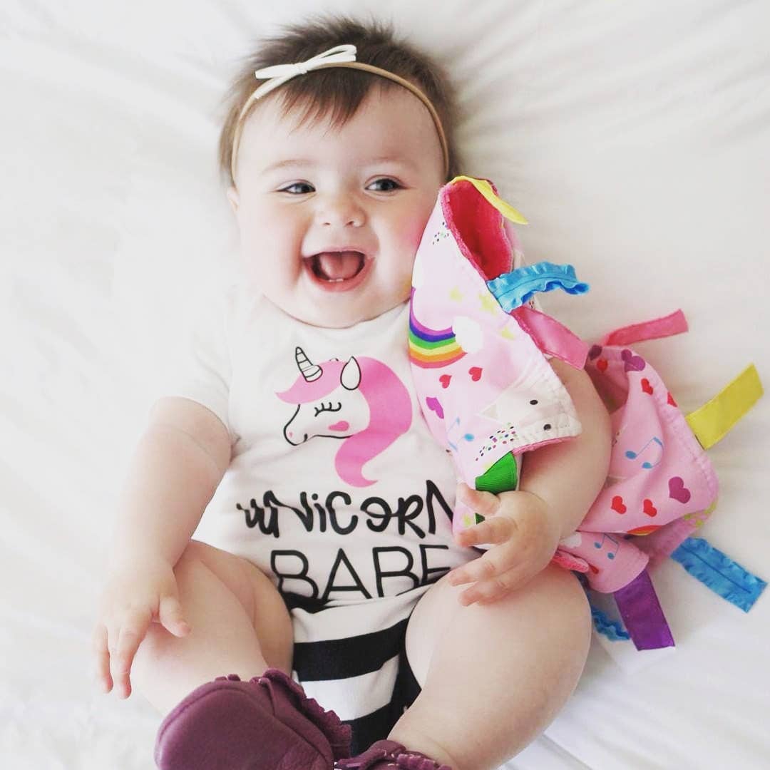 Unicorn Hearts Crinkle Tag Square 8x8 Baby Tummy Time Toy