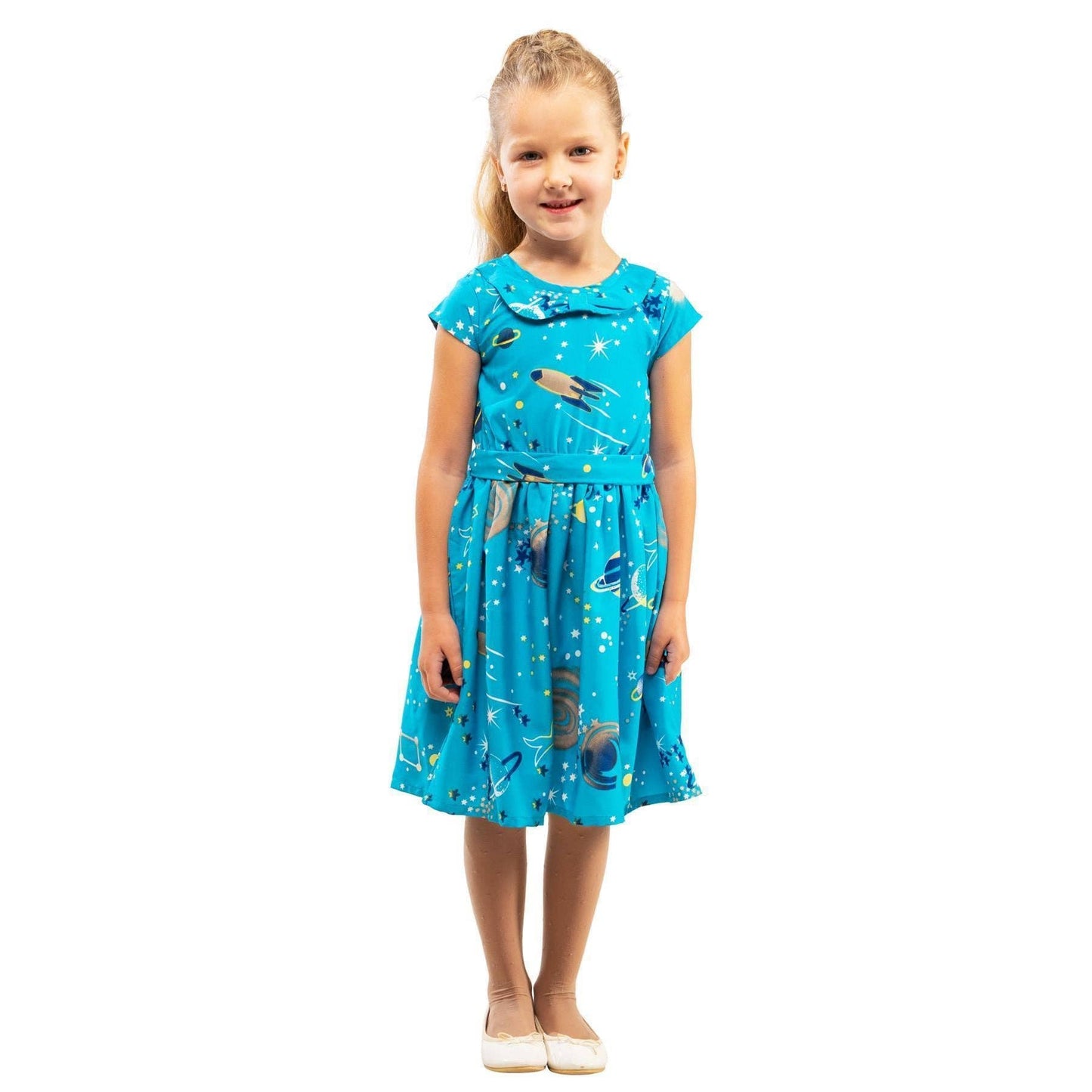 Girls Kids Vintage Style Peter Pan Collar Dresses Galaxy Turquoise Age 3-12 Years: AGE 5-6 Years