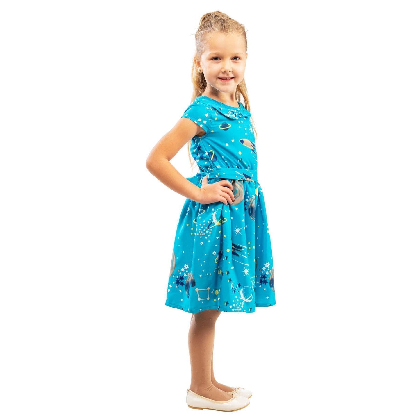 Girls Kids Vintage Style Peter Pan Collar Dresses Galaxy Turquoise Age 3-12 Years: AGE 5-6 Years