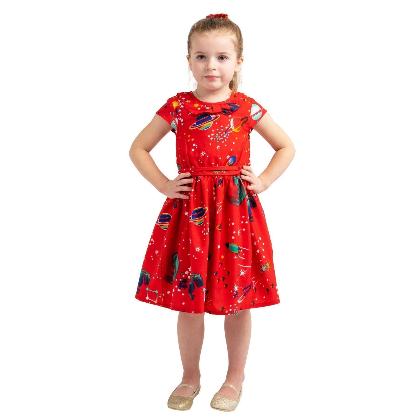 Girls Kids Vintage Style Peter Pan Collar Dresses Galaxy Red Age 3-12 Years: AGE 9-10 Years
