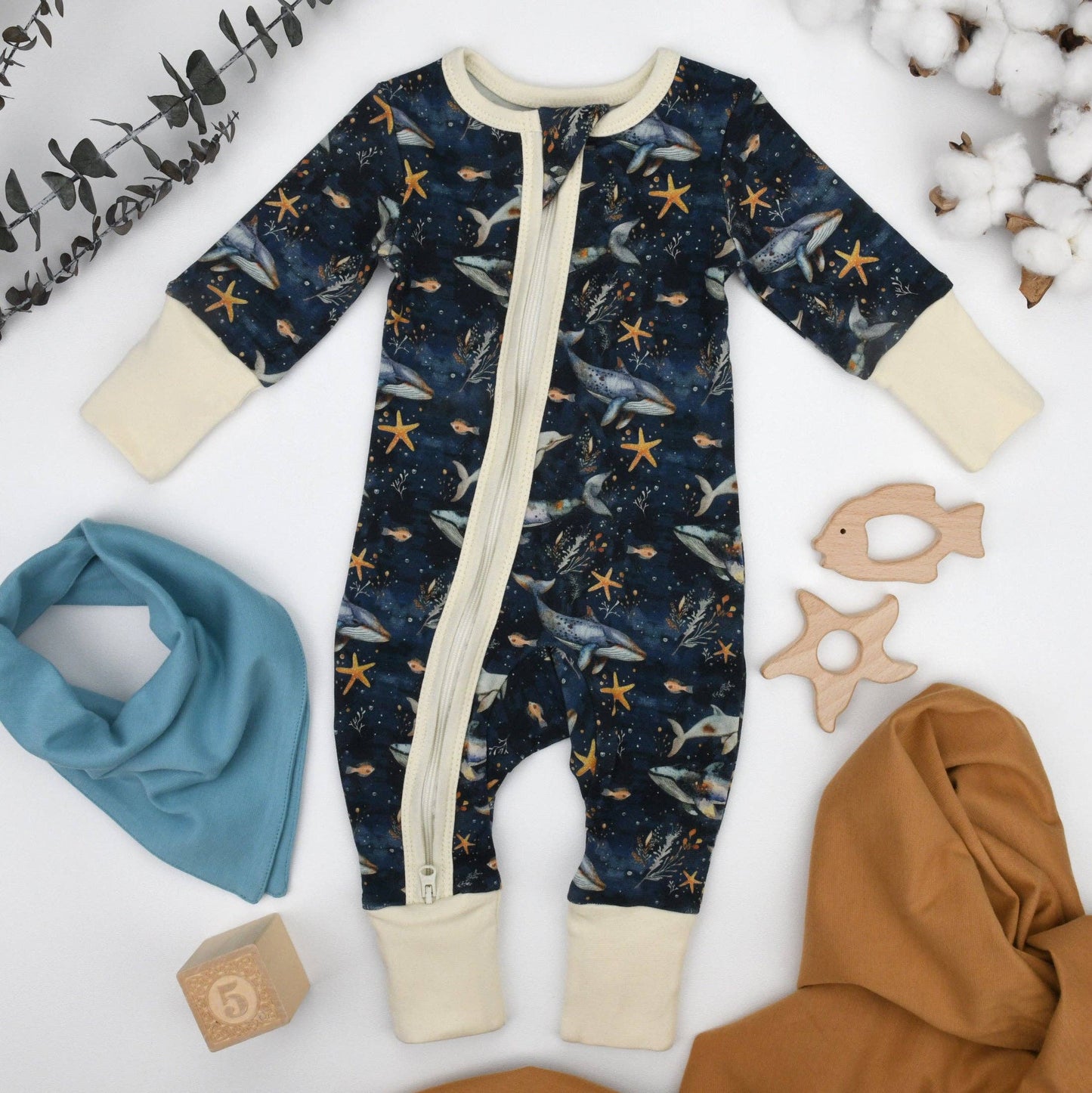 Earthy - Organic Cotton Baby Pajamas 2-Way Zip Front Zipper Sleeper, Poseidon: 0-3M