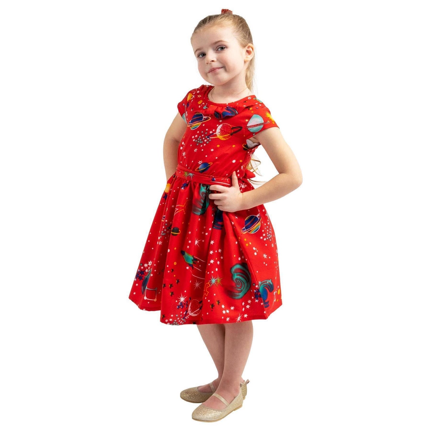 Girls Kids Vintage Style Peter Pan Collar Dresses Galaxy Red Age 3-12 Years: AGE 9-10 Years