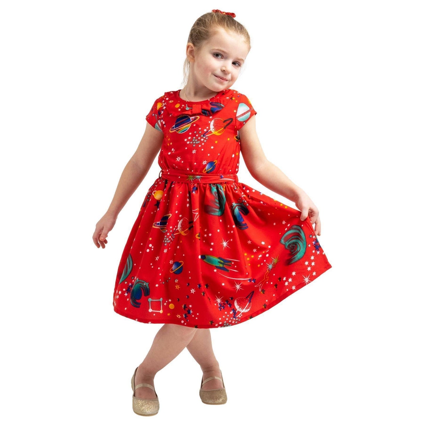 Girls Kids Vintage Style Peter Pan Collar Dresses Galaxy Red Age 3-12 Years: AGE 9-10 Years