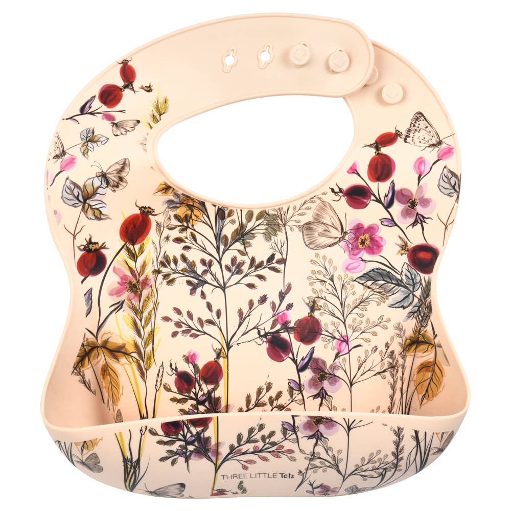 Three Little Tots -Flower Print Silicone Bib with Crumb Catcher