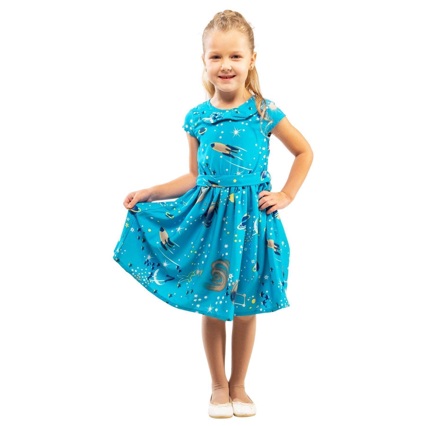 Girls Kids Vintage Style Peter Pan Collar Dresses Galaxy Turquoise Age 3-12 Years: AGE 9-10 Years