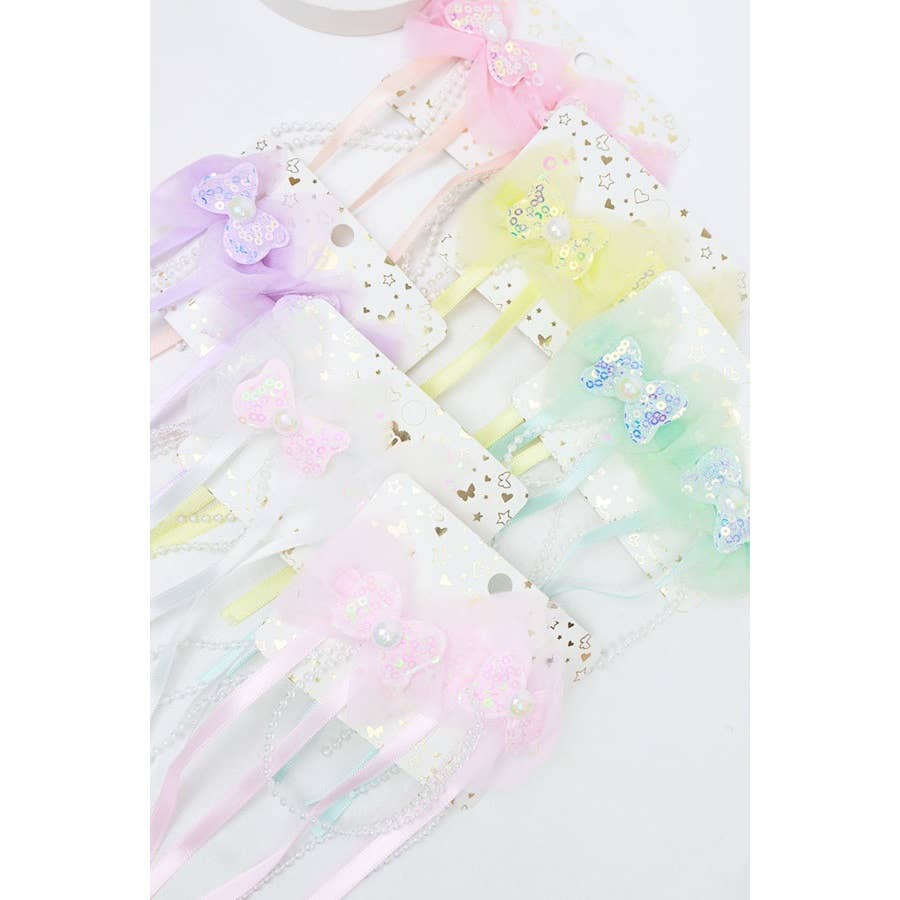 Sequin Bow Long Ribbon Hair Clips