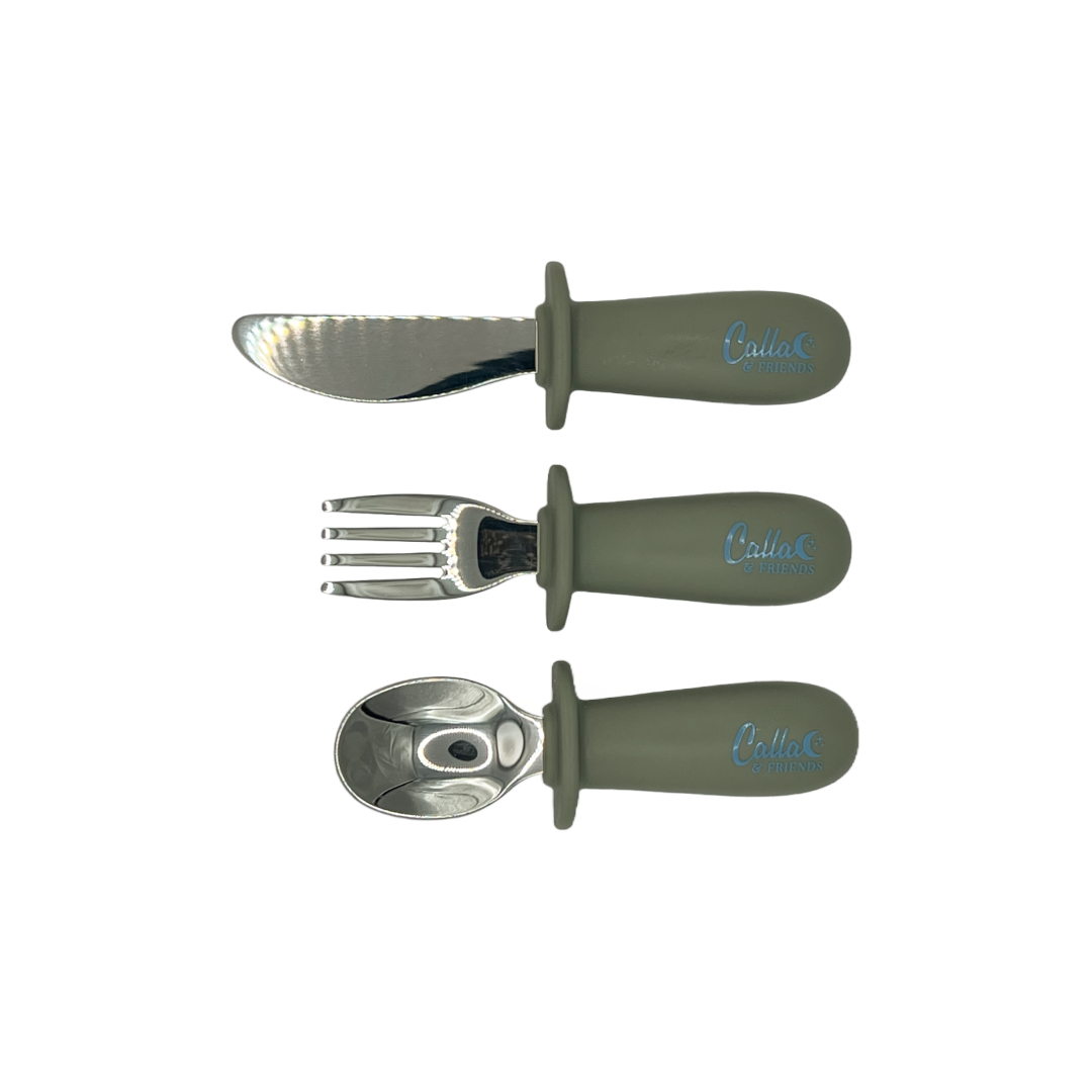 Silicone & Stainless Steel Toddler Utensil Set: Marble White
