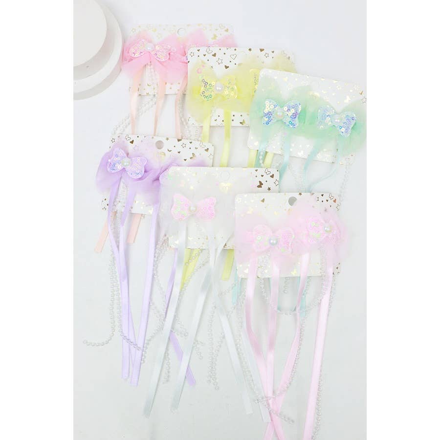 Sequin Bow Long Ribbon Hair Clips
