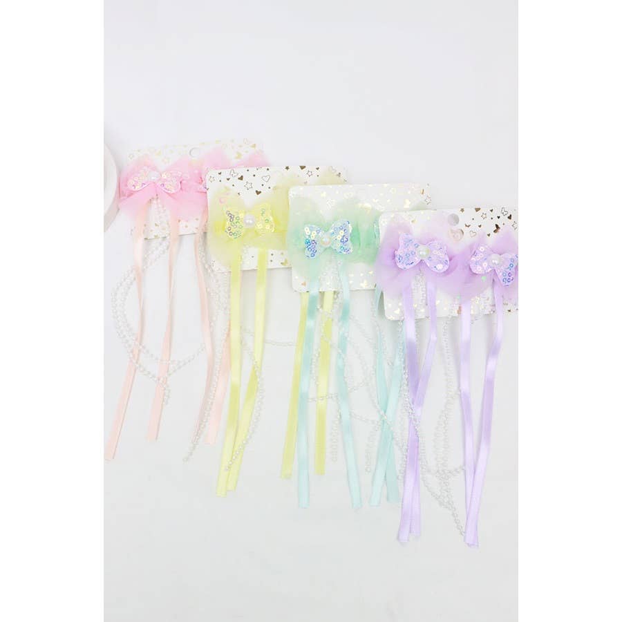 Sequin Bow Long Ribbon Hair Clips