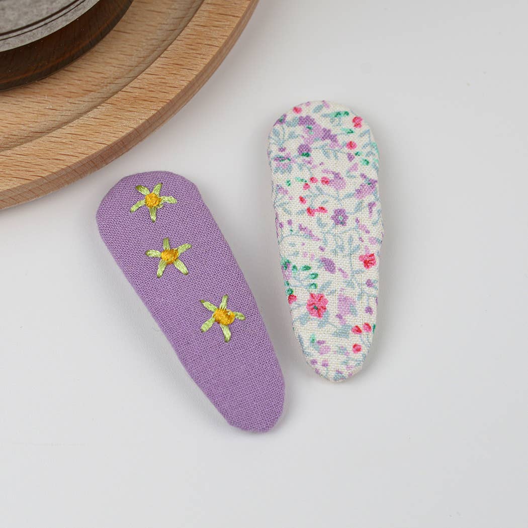 Embroidered Floral Snap Hair Clips Set: Brown