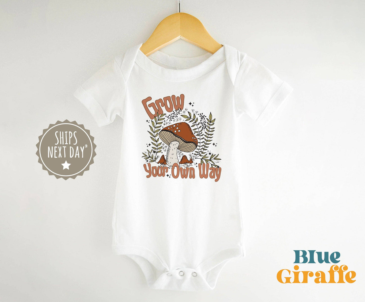 Mushroom Grow Your Own Way Onesie®: 3-6 months / Short Sleeve Natural Onesie