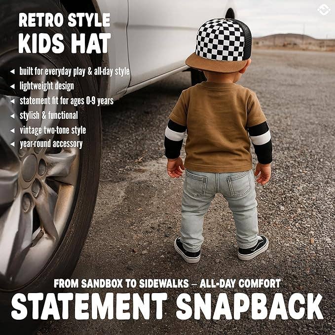 Flat Brim Trucker Hat - Checker/Faux Leather Brim: Kids (2-9 Years)