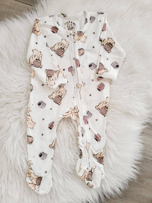Ruffles & Bowties - Gender Neutral Baby Sleeper-BEST SELLER - White Pooh Bear : 6-12M