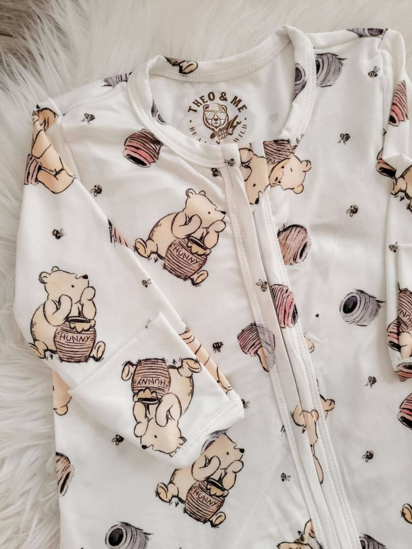 Ruffles & Bowties - Gender Neutral Baby Sleeper-BEST SELLER - White Pooh Bear : 3-6M