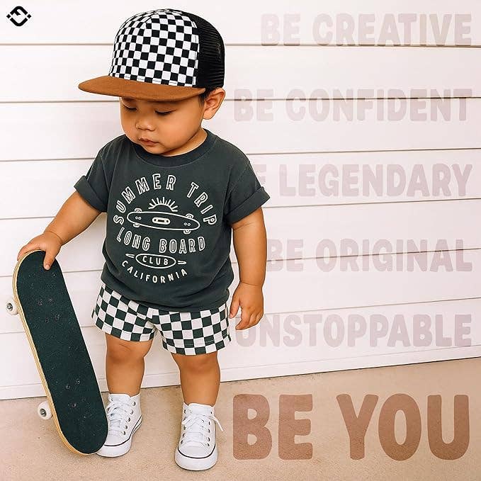 Flat Brim Trucker Hat - Checker/Faux Leather Brim: Kids (2-9 Years)