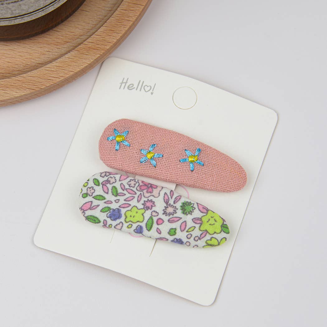 Embroidered Floral Snap Hair Clips Set: Brown