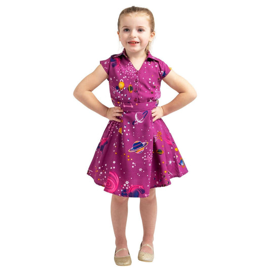 Girls Kids Vintage Style Collared Button down Dresses Galaxy Purple Age 3-12 Years: AGE 3-4 Years