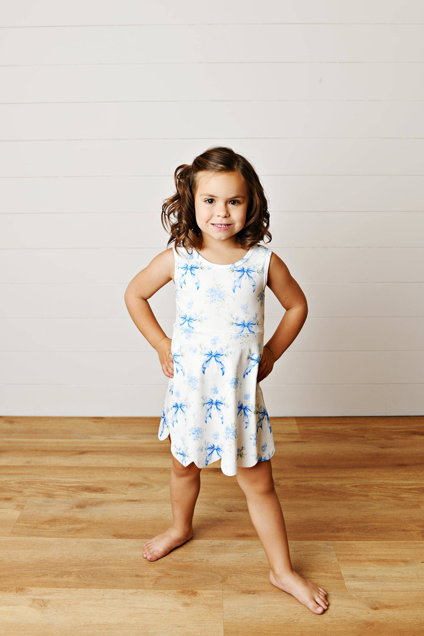 Girls White & Blue Bow Athletic Active Sport Scalloped Dress: 3/4