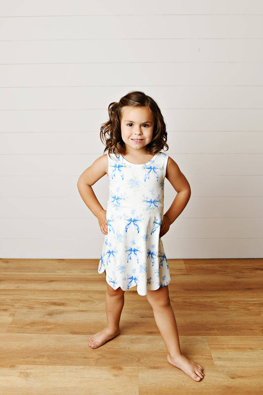 Girls White & Blue Bow Athletic Active Sport Scalloped Dress: 7/8