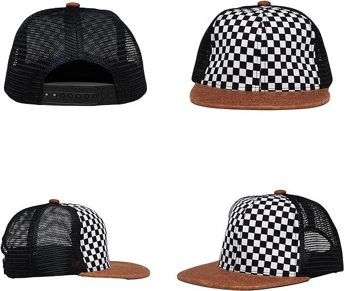 Flat Brim Trucker Hat - Checker/Faux Leather Brim: Kids (2-9 Years)