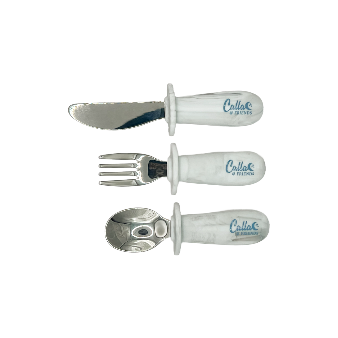 Silicone & Stainless Steel Toddler Utensil Set: Marble White