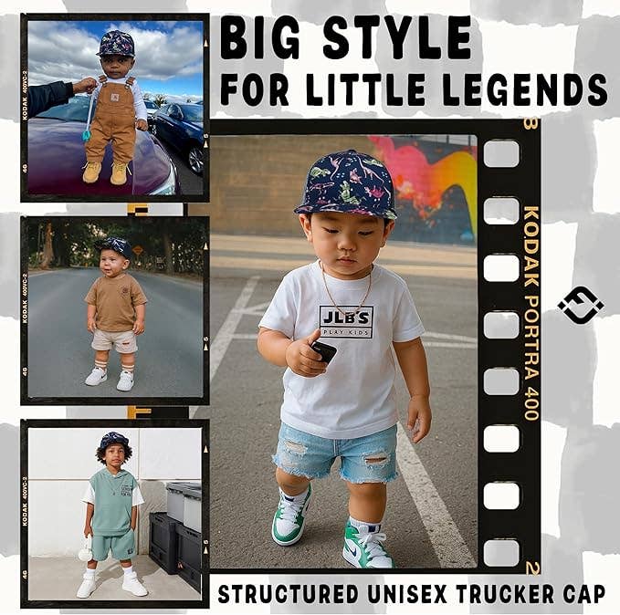 Flat Brim Trucker Hat - Dinosaur Print: Kids (2-9 Years)