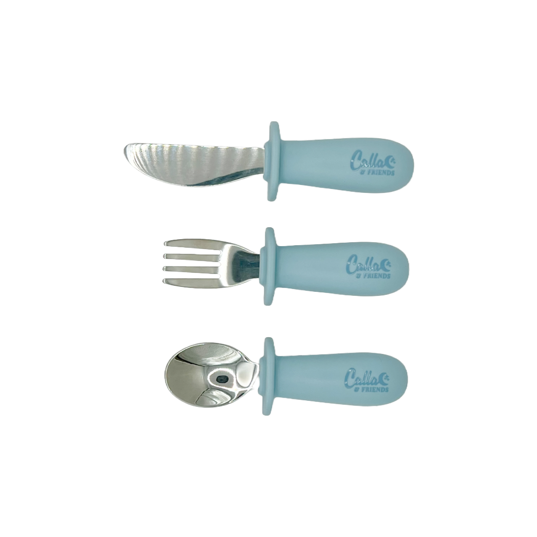 Silicone & Stainless Steel Toddler Utensil Set: Powder Blue