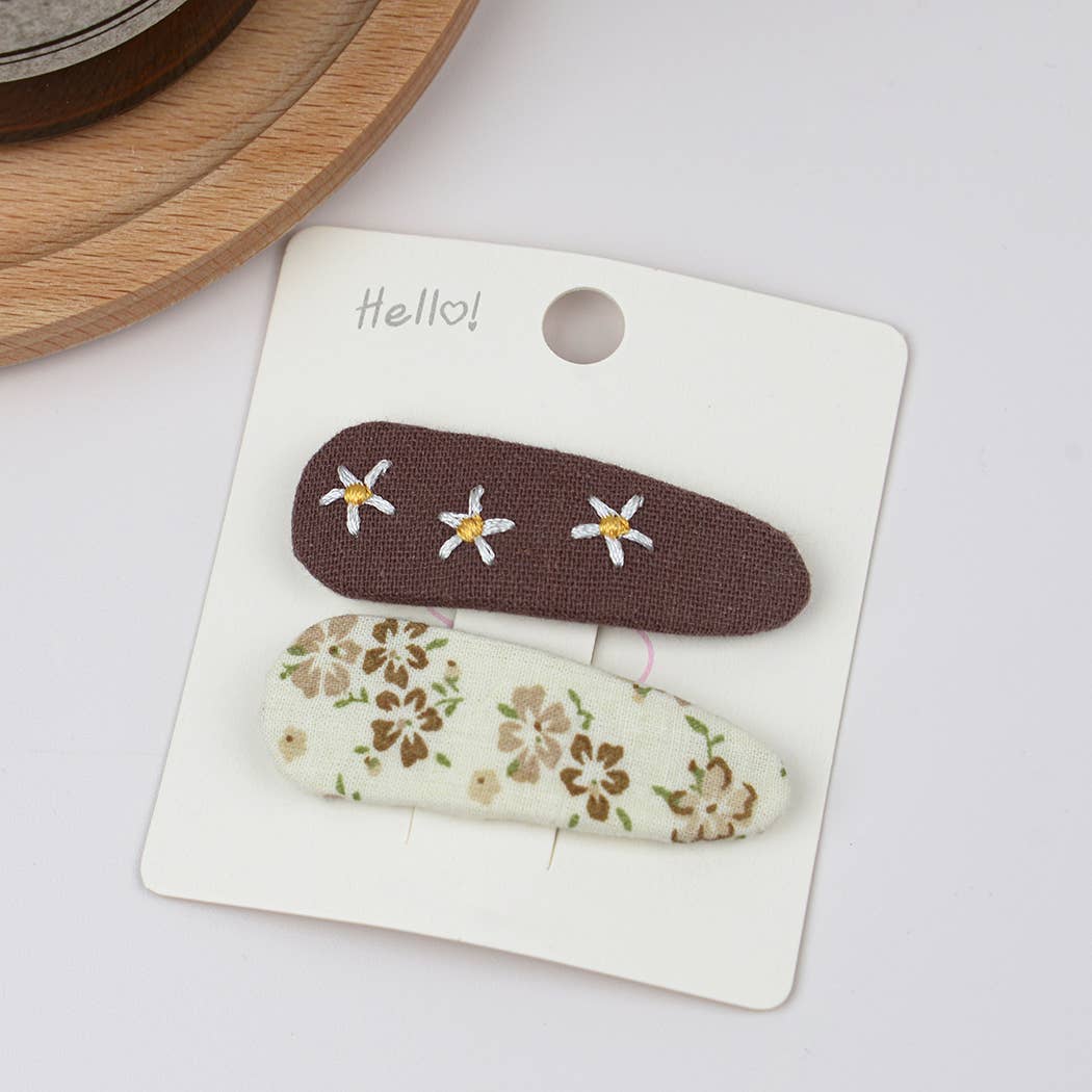 Embroidered Floral Snap Hair Clips Set: Purple