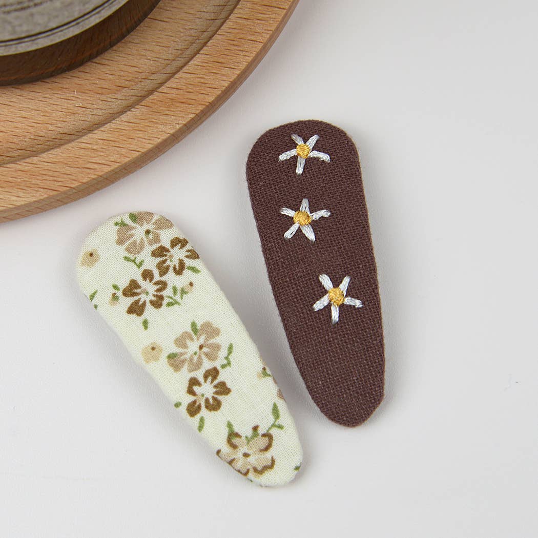 Embroidered Floral Snap Hair Clips Set: Brown