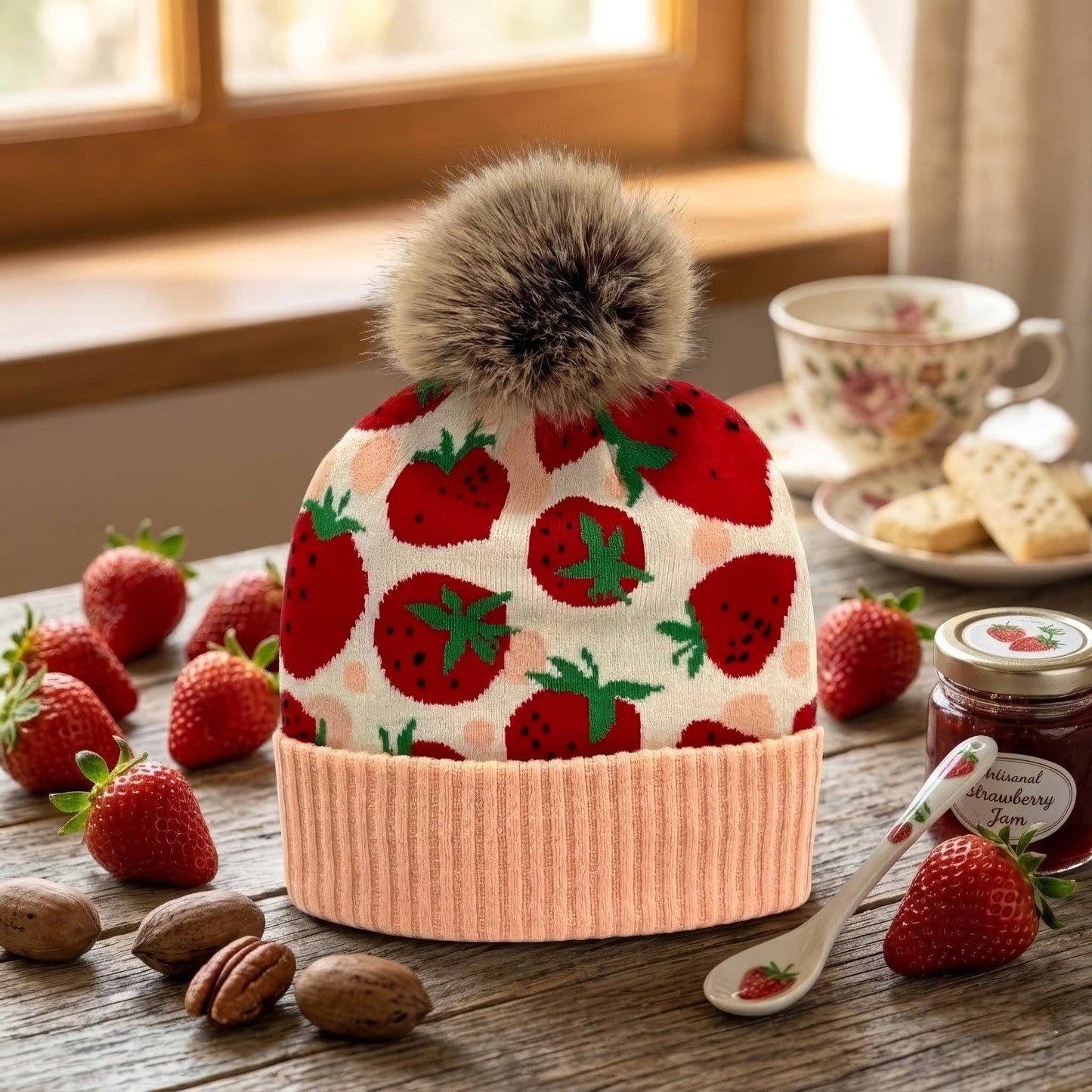 Strawberry Jacquard Pom Beanie | Matching Family Winter Hat with Faux Fur Pom | Adult & Kids Sizes: Kids