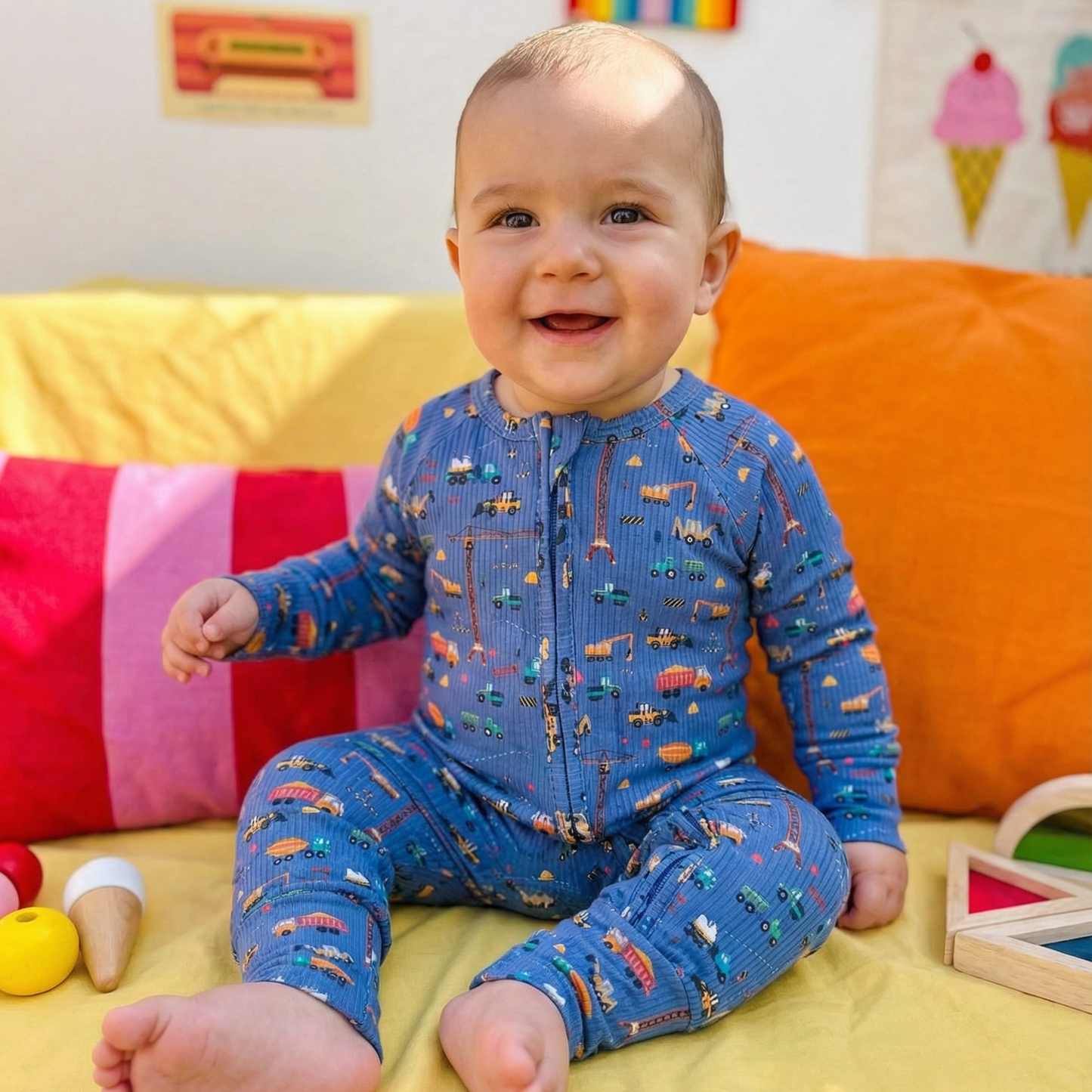 Small Ribbed Bamboo Zip Romper — Blue Construction: 18-24m