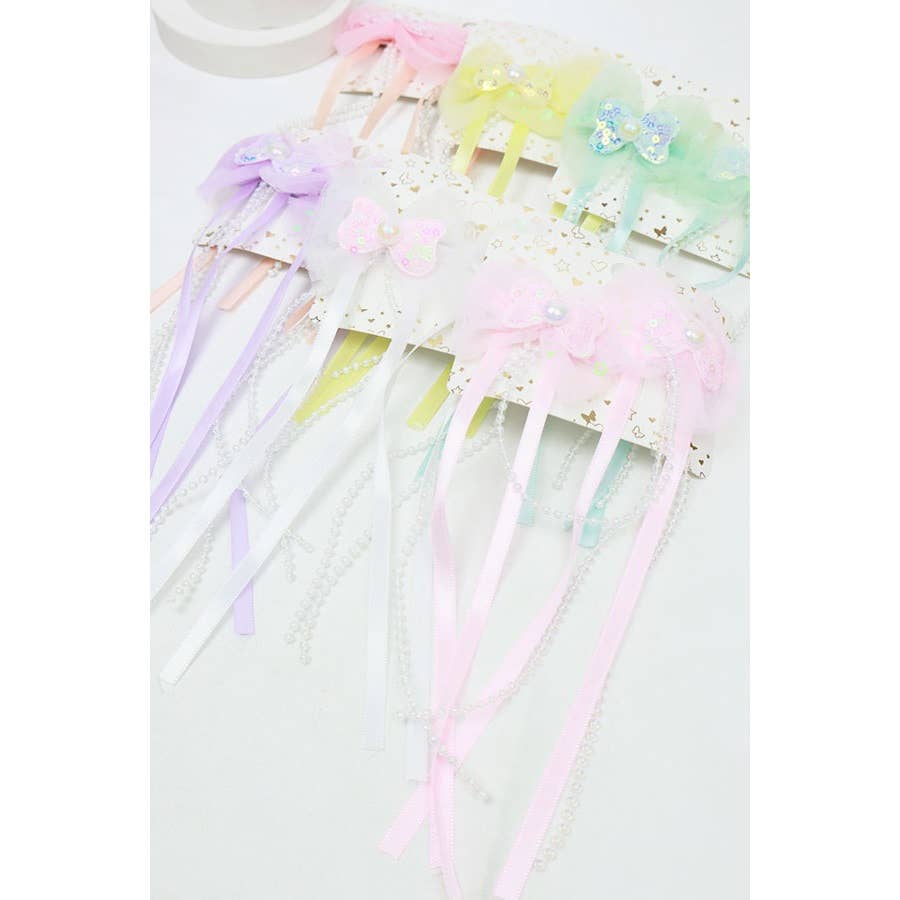 Sequin Bow Long Ribbon Hair Clips