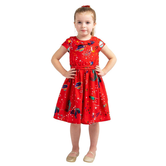 Girls Kids Vintage Style Peter Pan Collar Dresses Galaxy Red Age 3-12 Years: AGE 7-8 Years