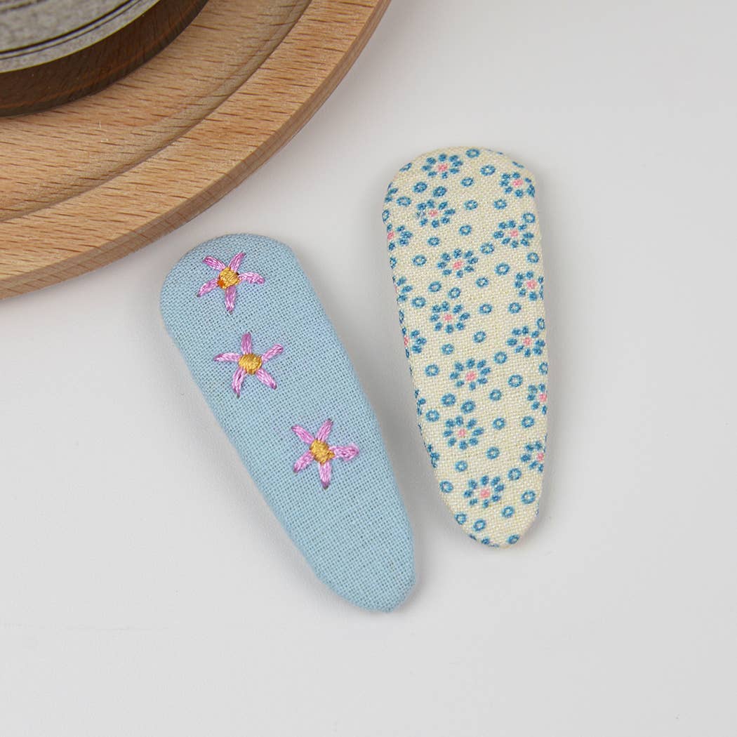 Embroidered Floral Snap Hair Clips Set: Blue