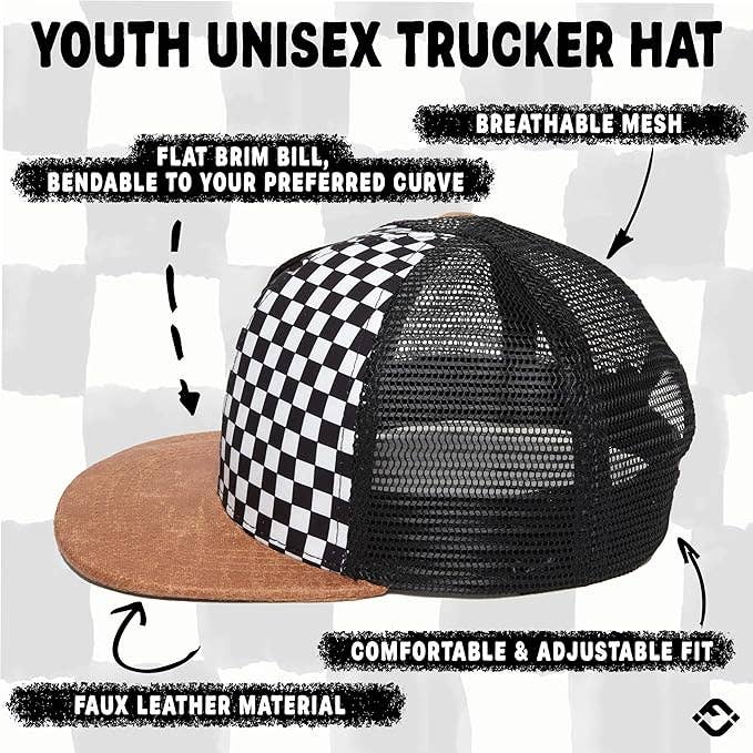 Flat Brim Trucker Hat - Checker/Faux Leather Brim: Kids (2-9 Years)