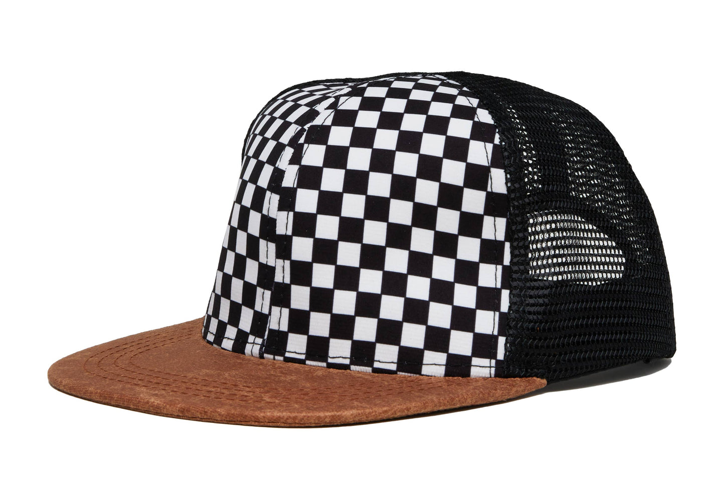 Flat Brim Trucker Hat - Checker/Faux Leather Brim: Kids (2-9 Years)