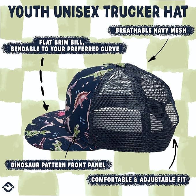 Flat Brim Trucker Hat - Dinosaur Print: Kids (2-9 Years)