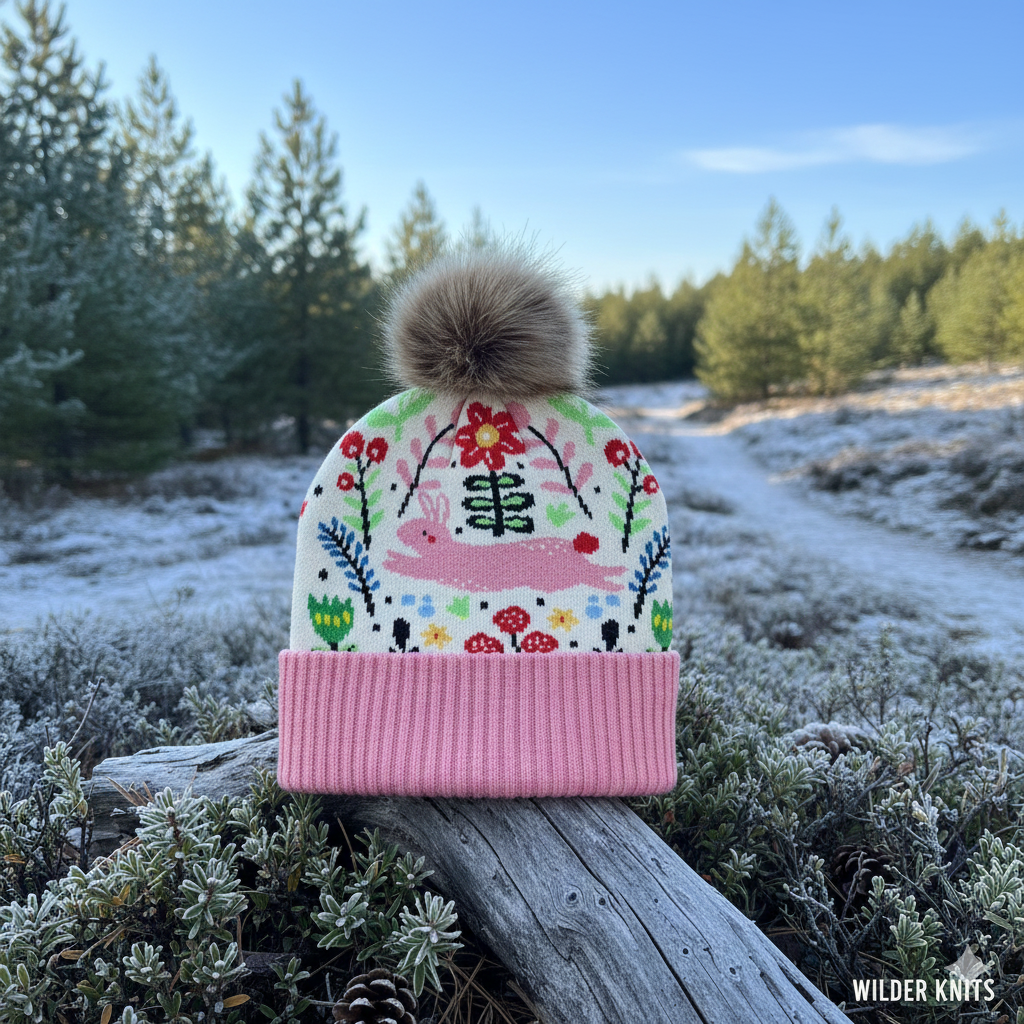 Kids Garden Flower Pattern Pom Knit Beanie Winter Hat