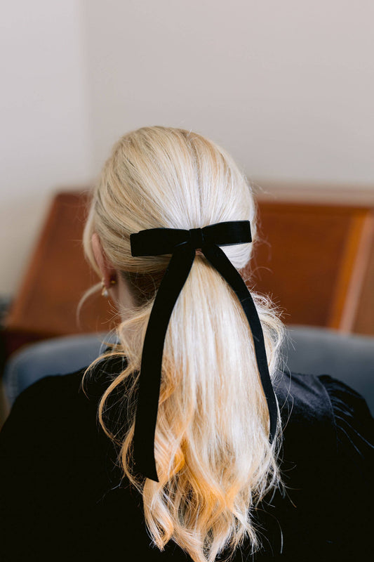 Long Velvet Hair Bow Barrette | Alice Bow - Long Length: Black