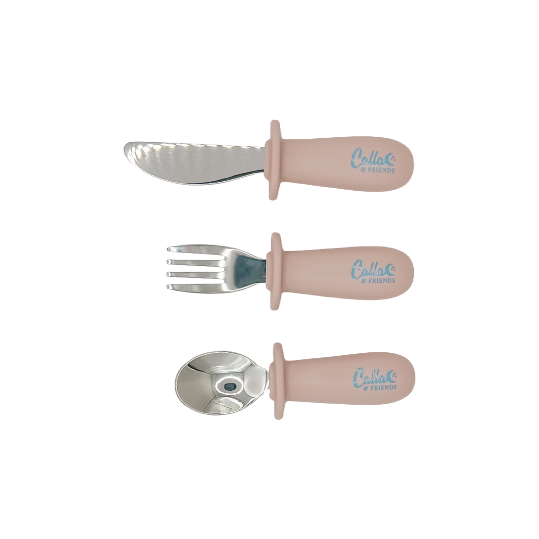 Silicone & Stainless Steel Toddler Utensil Set: Marble White