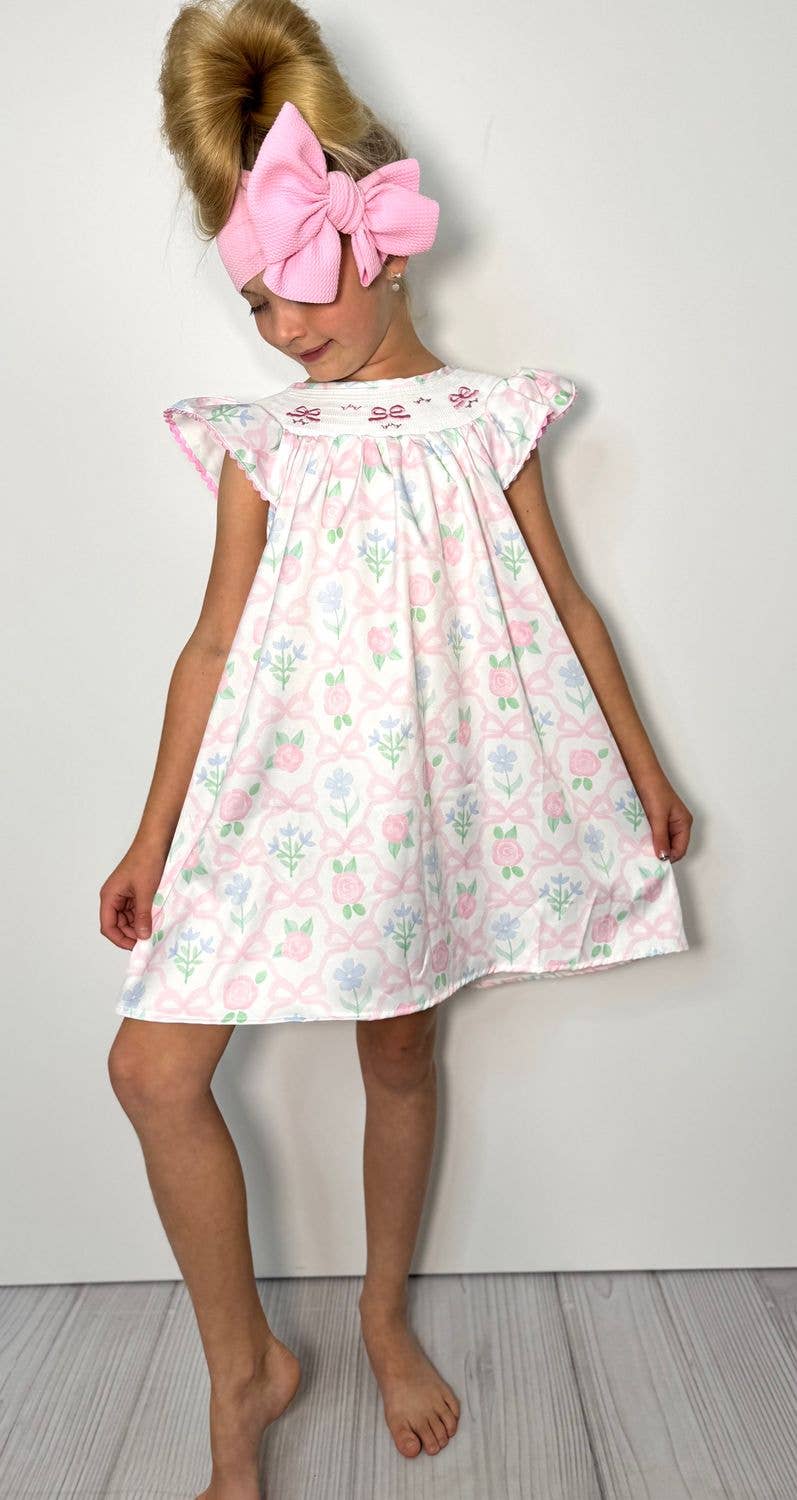 Trellis Bow Smocked Girls Dress: 4t