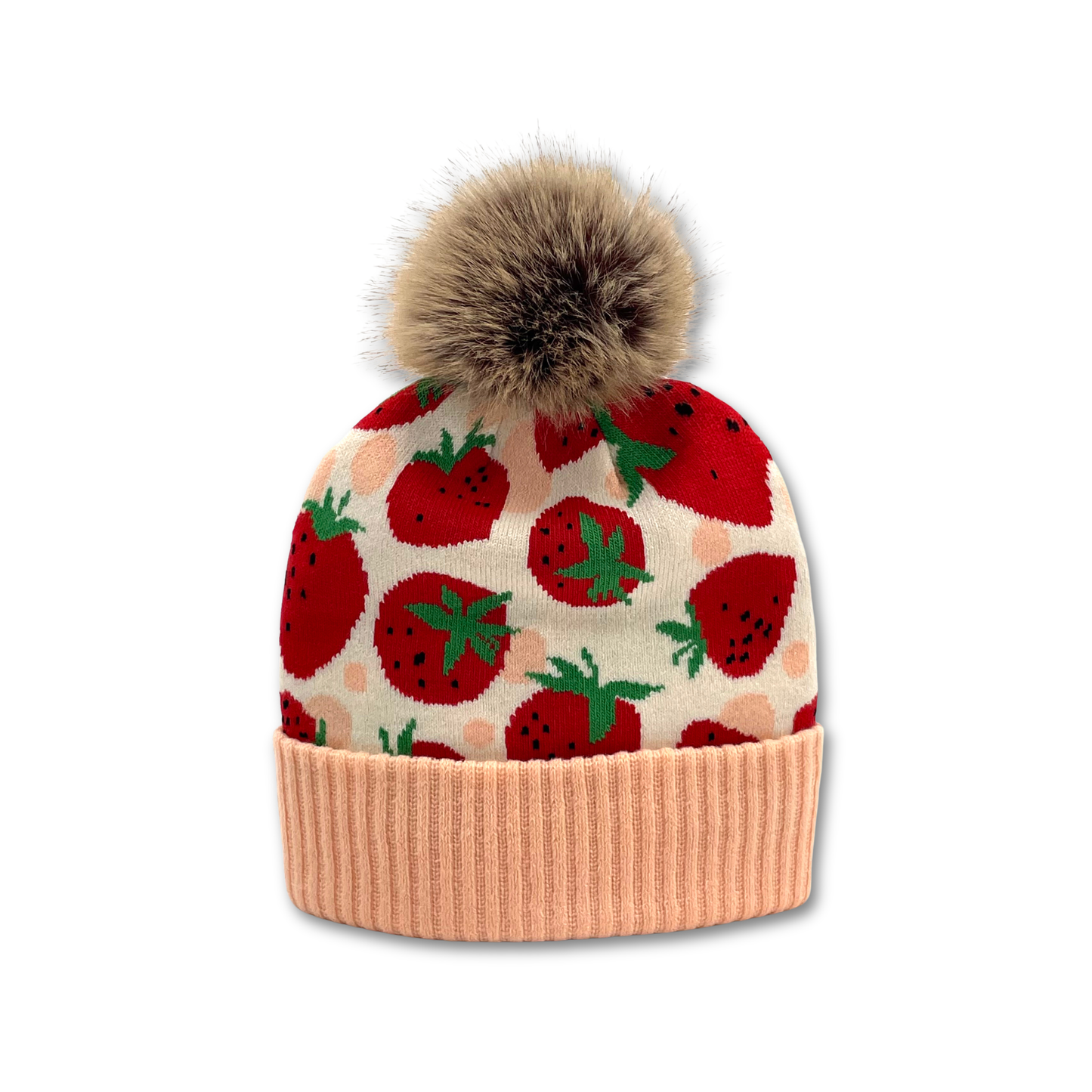 Strawberry Jacquard Pom Beanie | Matching Family Winter Hat with Faux Fur Pom | Adult & Kids Sizes: Kids