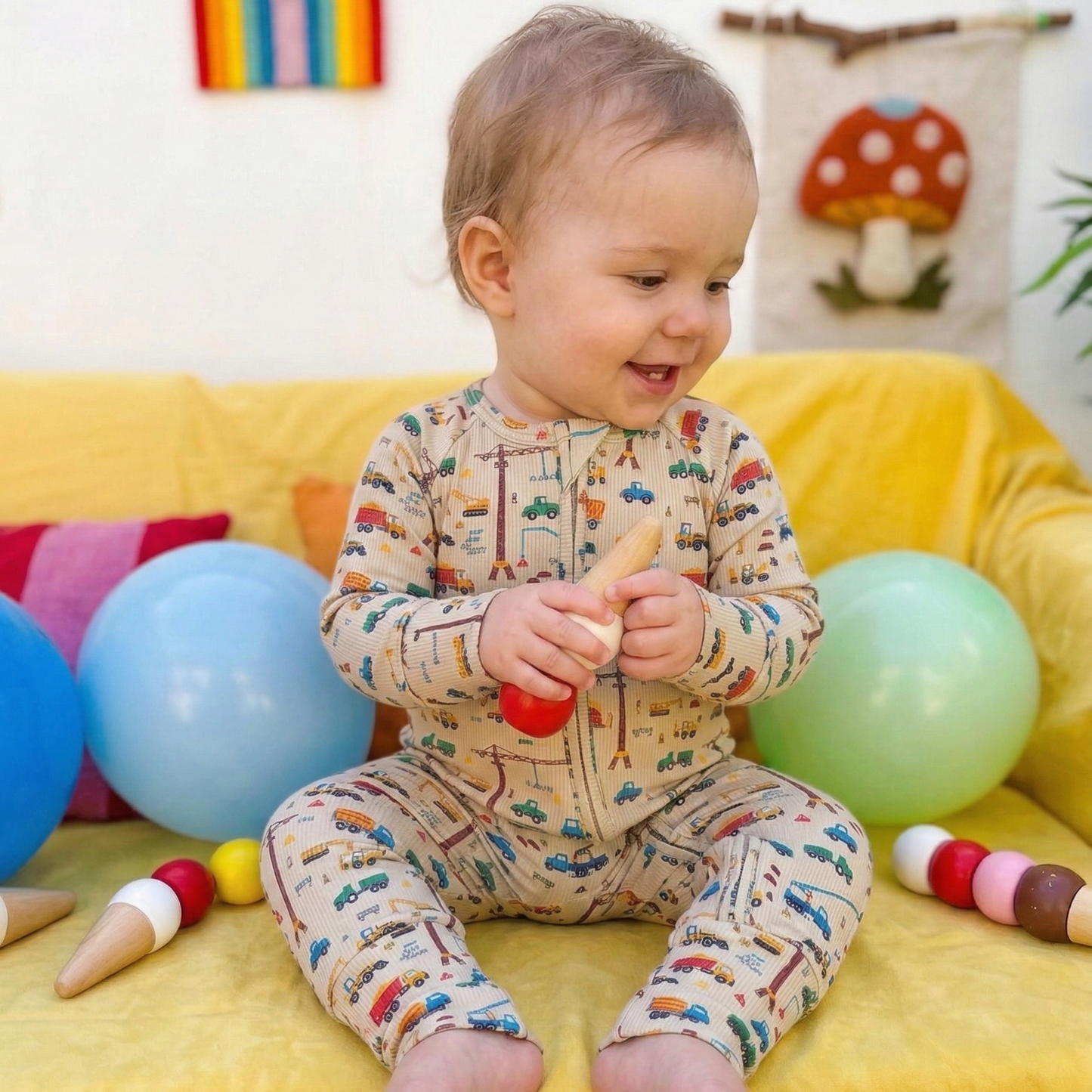 Small Ribbed Bamboo Zip Romper — Sand Construction: 12-18m