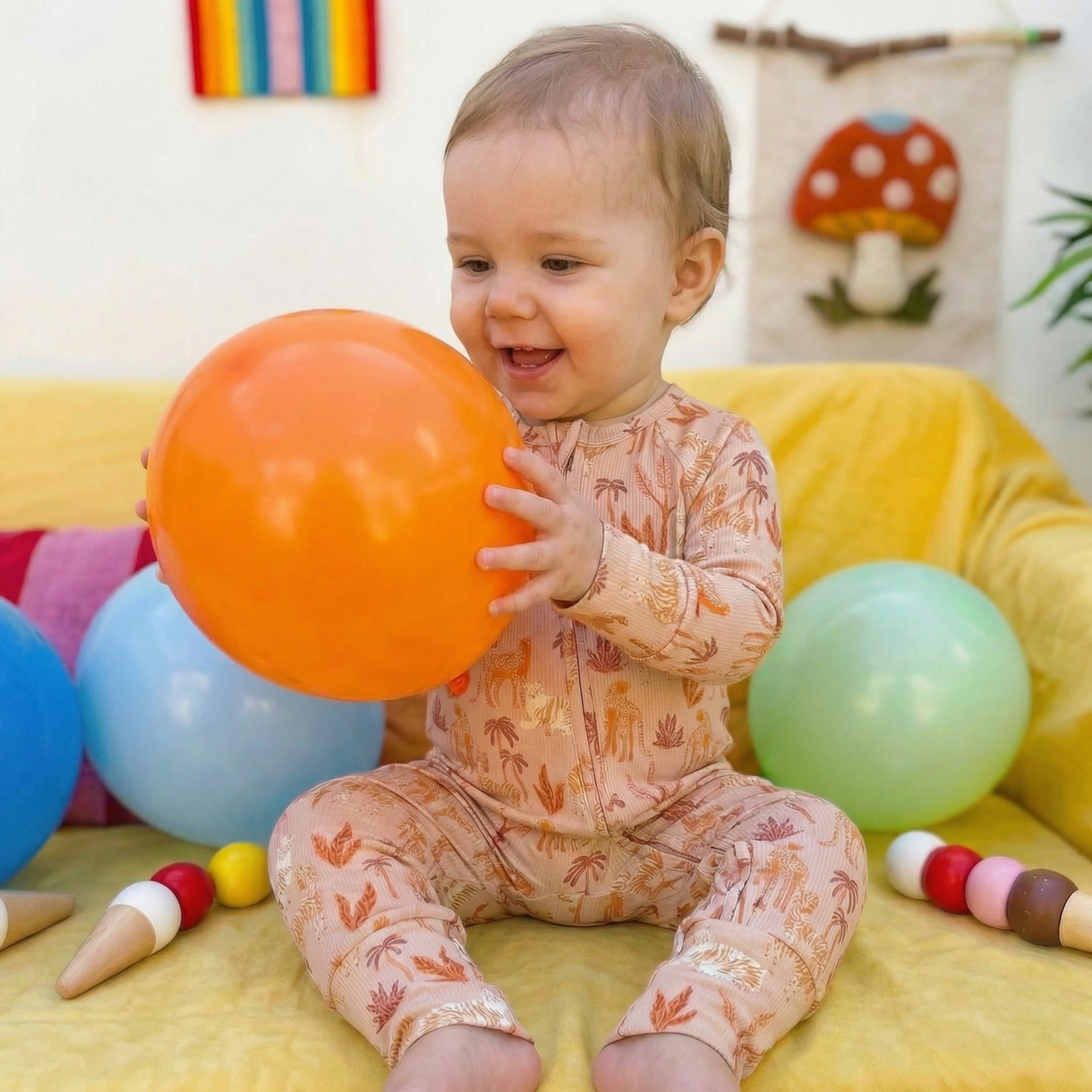 Small Ribbed Bamboo Zip Romper — Safari: 0-3m