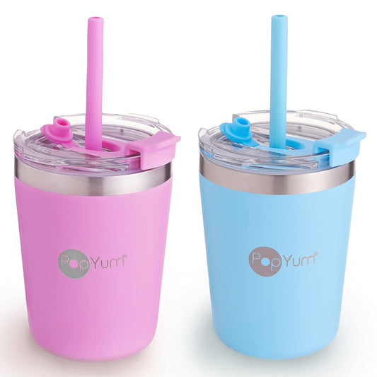 PopYum 2-pack 9oz Insulated Stainless Steel Kids’ Cups with Lid and Straw,stackable, sippy, baby, child, toddler, tumbler