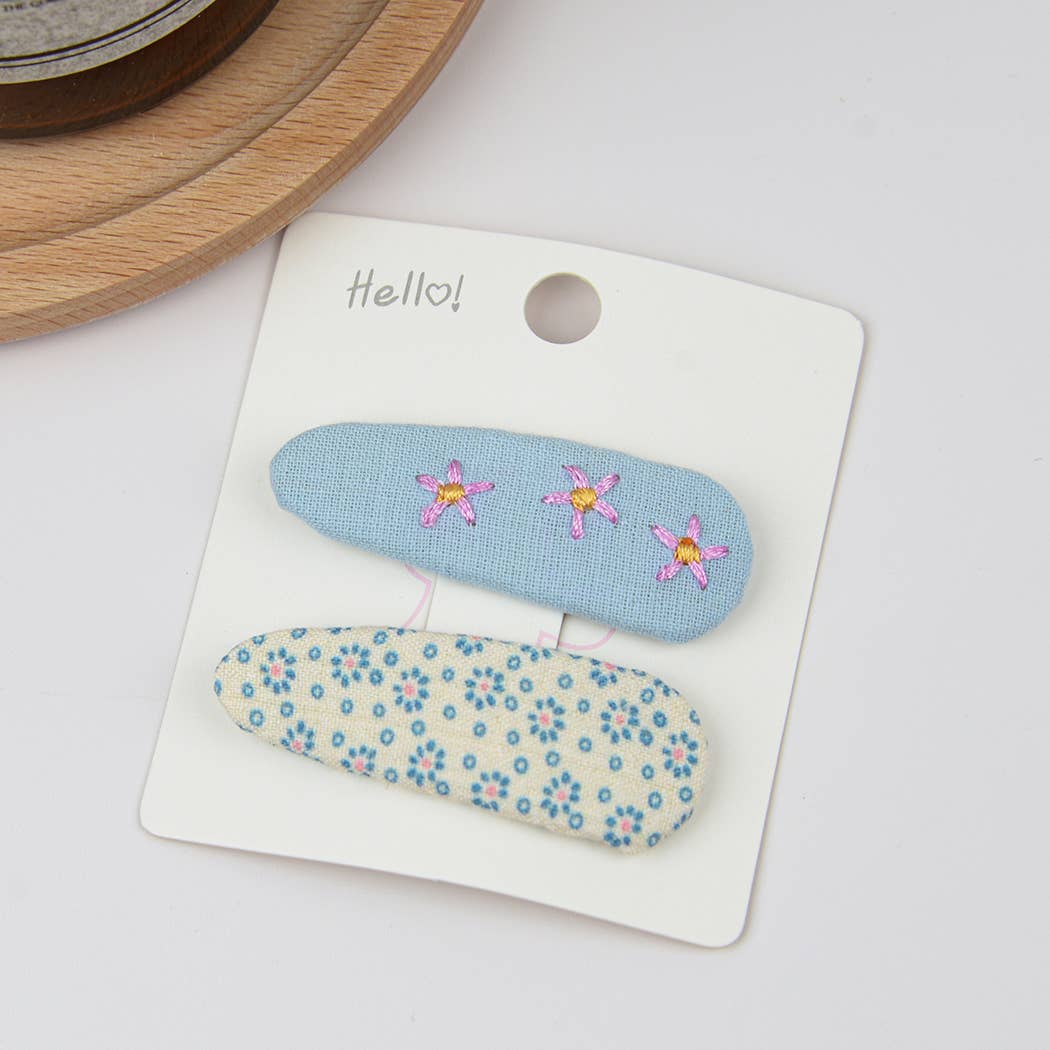 Embroidered Floral Snap Hair Clips Set: Brown