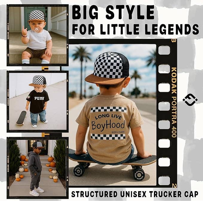 Flat Brim Trucker Hat - Checker/Faux Leather Brim: Kids (2-9 Years)
