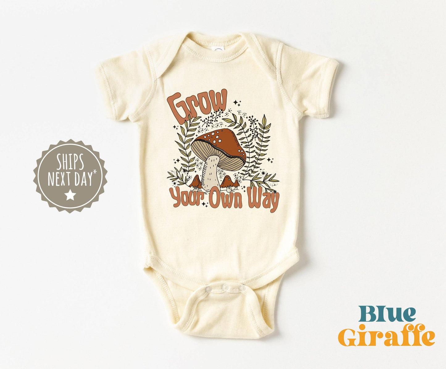 Mushroom Grow Your Own Way Onesie®: 6-12 Month / Short Sleeve Natural Onesie